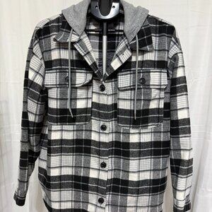 No Boundaries Junior's Women's Hoodie Shacket Black And White Plaid XL